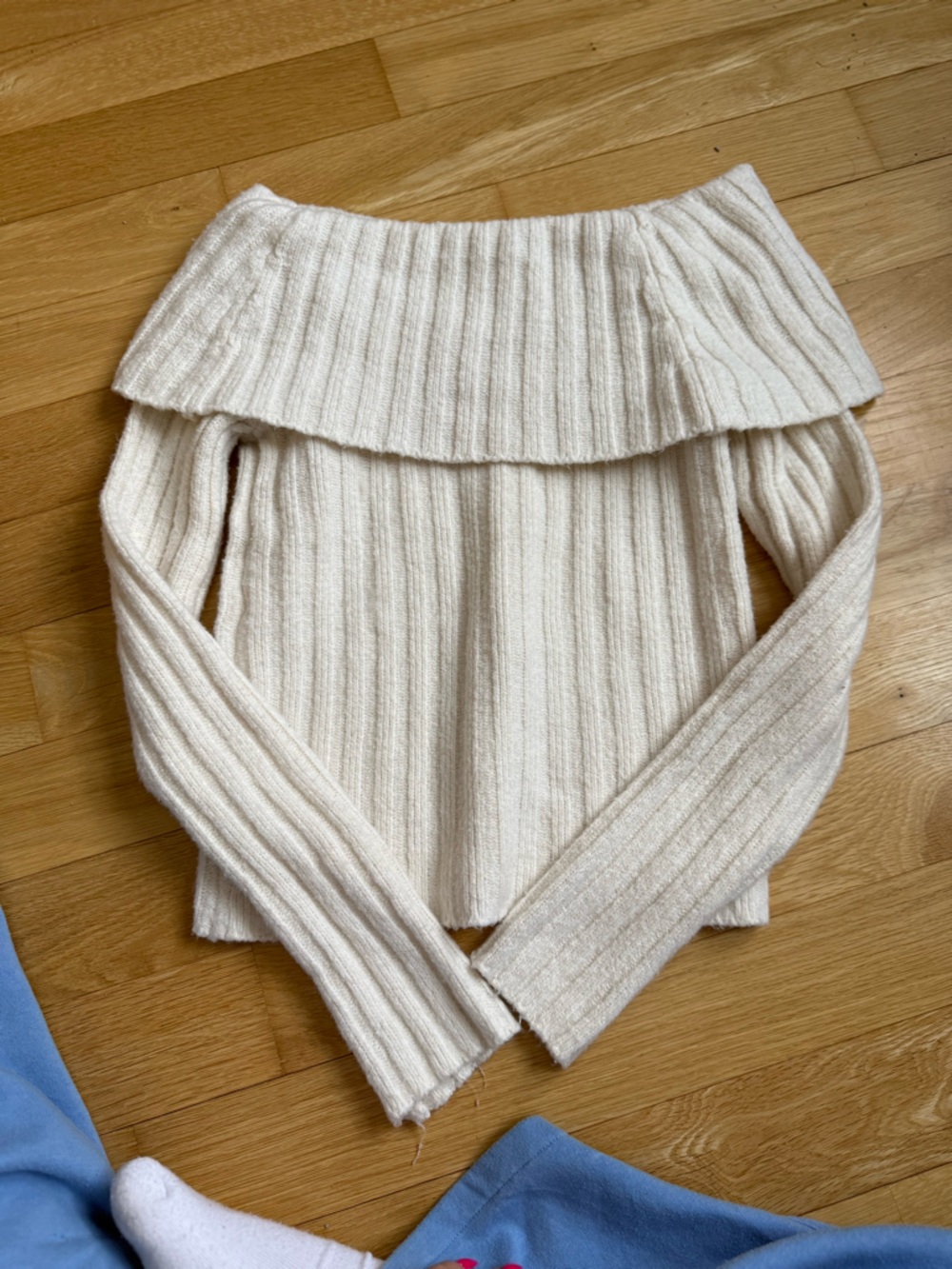 Pink Rose Off-the-Shoulder Ribbed Cream Sweater